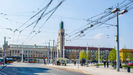 HRADEC KRALOVE, CZECH REPUBLIC, APRIL 29, 2015: people are strolling around the main train station in hradec kralove which together with nearby situated bus station creates transportation hub.のeditorial素材