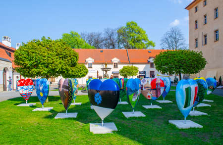 PODEBRADY, CZECH REPUBLIC, APRIL 30, 2015: statues in shape of heart inside of the courtyard of podebrady chateau represent friendship among countries of european union.のeditorial素材