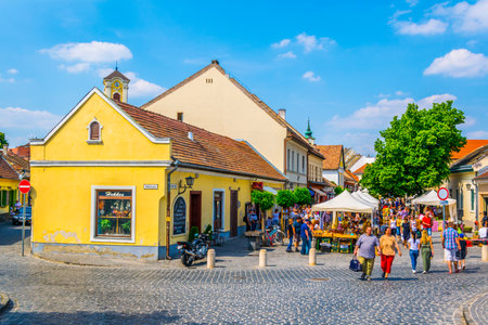 SZENTENDRE, HUNGARY MAY 22, 2016: People are walking on a buzzling street in the hungarian town szentendreのeditorial素材