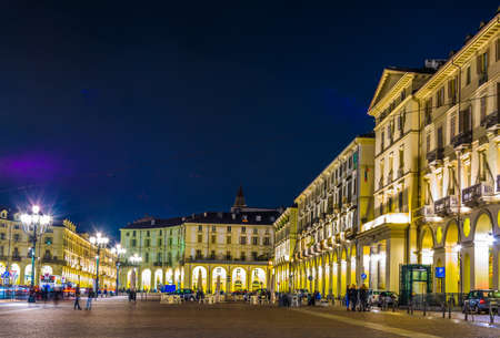 TORINO, ITALY, MARCH 12, 2016: night view of the main square of the italian city torino - piazza vittorio veneto.のeditorial素材