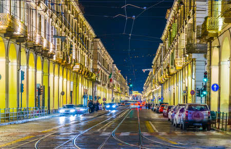 TORINO, ITALY, MARCH 12, 2016: view of night traffic on via po in the italian city torinoのeditorial素材
