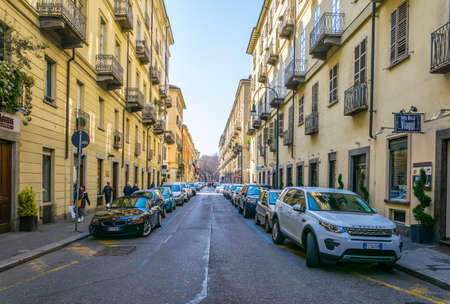 TORINO, ITALY, MARCH 12, 2016: View of a narrow street leading to the piazza vittorio veneto in the italian city torinoのeditorial素材