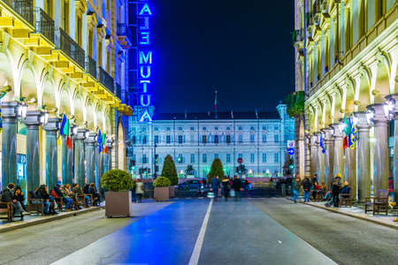 TORINO, ITALY, MARCH 12, 2016: people are walking on the street via roma during night in the italian city torinoのeditorial素材