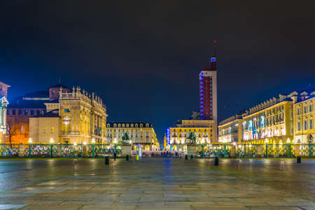 TORINO, ITALY, MARCH 12, 2016: night view of the illuminated piazza castello - castle square in the italian city torino.のeditorial素材