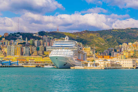 GENOA, ITALY, MARCH 13, 2016: view of a cruise ship anchoring in the port of genoa in italy.のeditorial素材