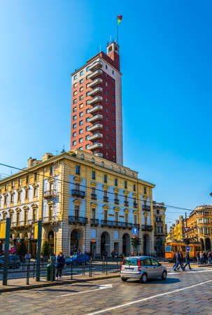 TORINO, ITALY, MARCH 12, 2016: View of the torre littoria skyscraper situated on the piazza del castello in the italian city torino.のeditorial素材
