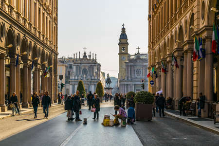 TORINO, ITALY, MARCH 12, 2016: people are walking on the street via roma in the italian city torinoのeditorial素材