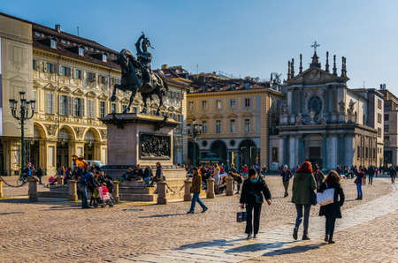 TORINO, ITALY, MARCH 12, 2016: people are walking around piazza san carlo in the italian city torino.のeditorial素材