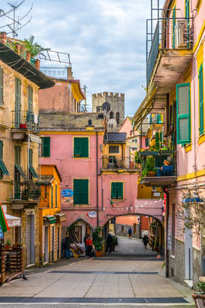 MONTEROSSO, ITALY, MARCH 13, 2016: View of a narrow street waiting for tourists to come in monterosso al mare, cinque terre, italy.のeditorial素材
