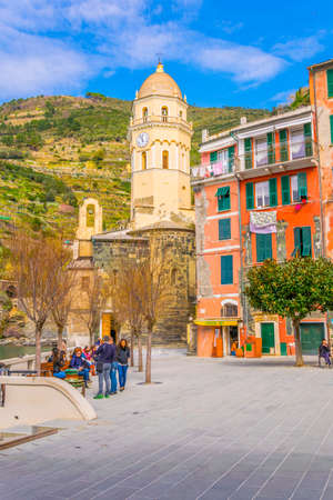 VERNAZZA, ITALY, MARCH 13, 2016: View of a narrow street waiting for tourists to come to vernazza,...