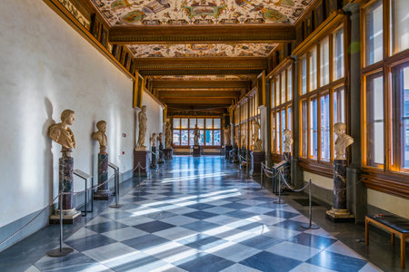 FLORENCE, ITALY, MARCH 15, 2016: Detail of a corridor at the uffizi gallery in florenceのeditorial素材