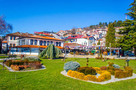 OHRID, MACEDONIA, FEBRUARY 14, 2014: View of a lakeside park in ohrid city in macedonia, which is a beloved destination for many tourist and also unseco world heritage site.のeditorial素材