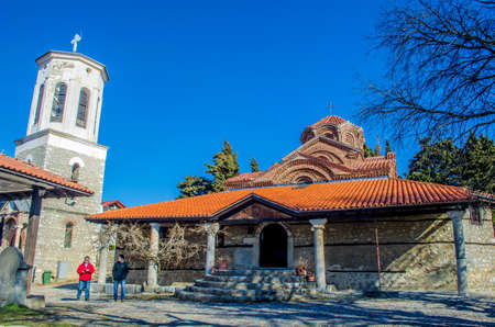 OHRID, MACEDONIA, FEBRUARY 14, 2014: the belltower of Church St. Bogorodica Perivlepta dominates old Ohrid, Republic of Macedoniaのeditorial素材