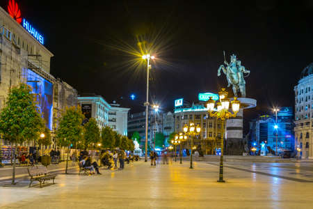 SKOPJE, MACEDONIA, MAY 14, 2016: Night view of the macedonia square dominated by statue of alexander the great in skopje.のeditorial素材