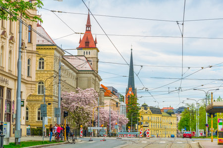 OLOMOUC, CZECH REPUBLIC, APRIL 16, 2016: View of a street in the center of the czech city Olomouc.のeditorial素材