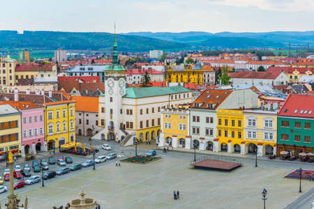 KROMERIZ, CZECH REPUBLIC, APRIL 15, 2016: Aerial view of the main square in the czech city Kromeriz.のeditorial素材
