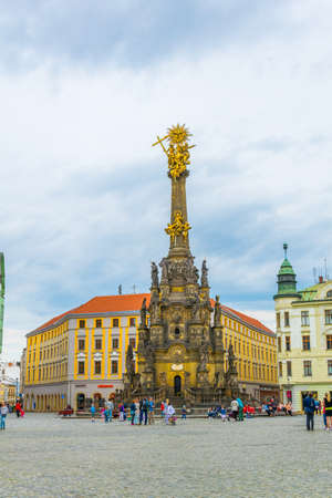 OLOMOUC, CZECH REPUBLIC, APRIL 16, 2016: View of the upper square in the czech city olomouc dominated by the holy trinity column enlisted in the unseco world heritage list.のeditorial素材