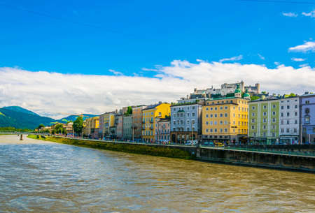 SALZBURG, AUSTRIA, JULY 3, 2016: Salzburg city dominated by the hohensalzburg fortress and the Salzach river, Austria.のeditorial素材