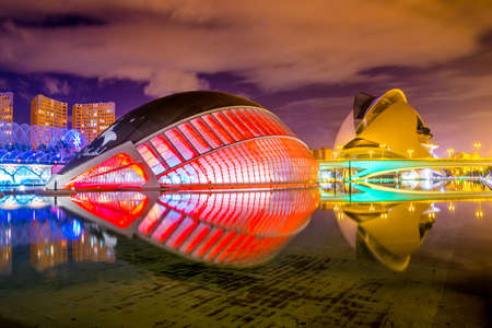 VALENCIA, SPAIN, DECEMBER 31, 2015: View of the palau de les arts reina sofia concert hall with Hemisferic in spanish city valencia during nightのeditorial素材