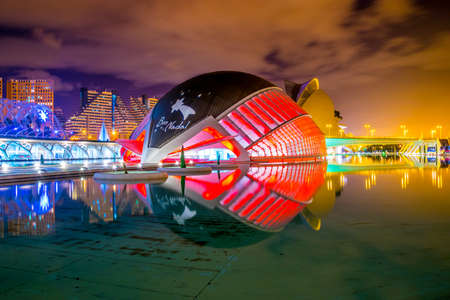 VALENCIA, SPAIN, DECEMBER 31, 2015: View of the palau de les arts reina sofia concert hall with Hemisferic in spanish city valencia during nightのeditorial素材