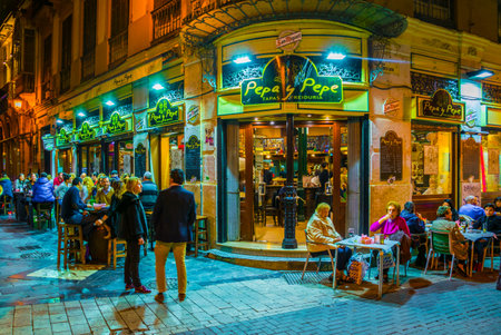 MALAGA, SPAIN, JANUARY 4, 2016: crowds of tourists are strolling through the historical center of malaga after sunsetのeditorial素材