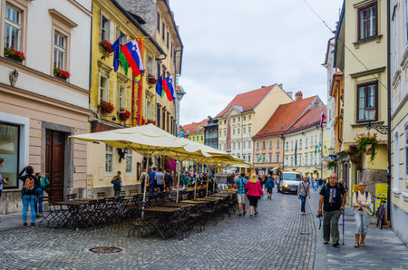 LJUBLJANA, SLOVENIA. JULY 29, 2015: view of the ciril-metodov trg square in the medieval center of ljubljanaのeditorial素材