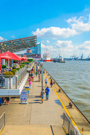 HAMBURG, GERMANY, AUGUST 29, 2016: View of the elbe riverside in the old port of Hamburg, Germany.のeditorial素材
