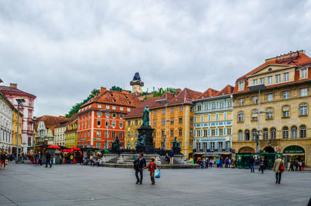 GRAZ, AUSTRIA, JULY 30, 2015: Main City Square (Hauptplatz) in Graz, Austria. With population of 300,000, Graz is the second-largest city in Austria and capital of the federal state of Styriaのeditorial素材