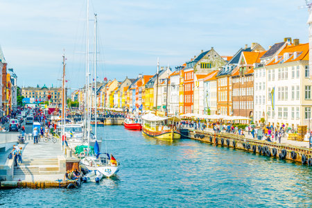 COPENHAGEN, DENMARK, AUGUST 20, 2016: View of the old Nyhavn port in the central Copenhagen, Denmark.のeditorial素材