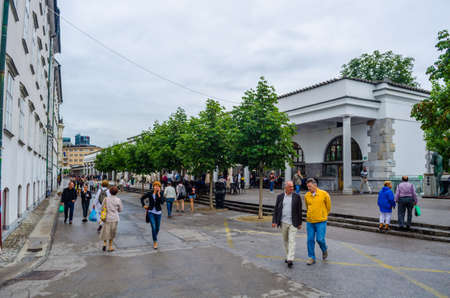 LJUBLJANA, SLOVENIA, JULY 29, 2015: Ljubljana Market arcade on the Ljubljanica riverのeditorial素材