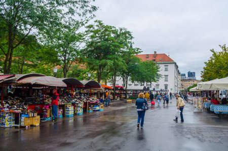 LJUBLJANA, SLOVENIA, JULY 29, 2015: People are strolling among stands in the central market of the slovenian capital Ljubljana and buy various products often from local farmers.のeditorial素材