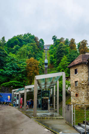 LJUBLJANA, SLOVENIA, JULY 29, 2015: View of the lower funicular station on the central market of the slovenian capital ljubljanaのeditorial素材