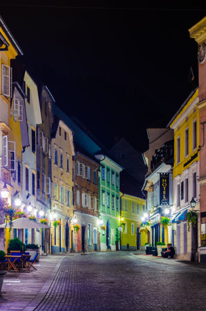 LJUBLJANA, SLOVENIA. JULY 29, 2015: Night view of the ciril-metodov trg square in the medieval center of Ljubljanaのeditorial素材