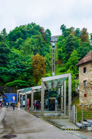 LJUBLJANA, SLOVENIA, JULY 29, 2015: View of the lower funicular station on the central market of the slovenian capital ljubljanaのeditorial素材