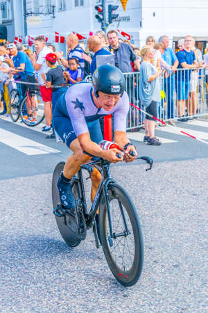 COPENHAGEN, DENMARK, AUGUST 21, 2016: Detail of an athlete participating at the 2016 KMD Ironman triatlon competition in Copenhagen.のeditorial素材