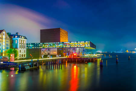 COPENHAGEN, DENMARK, AUGUST 20, 2016: View of Copenhagen including the Skuespilhuset (Royal Danish Playhouse), Opera house and the Papiroen street food market, Denmark.のeditorial素材