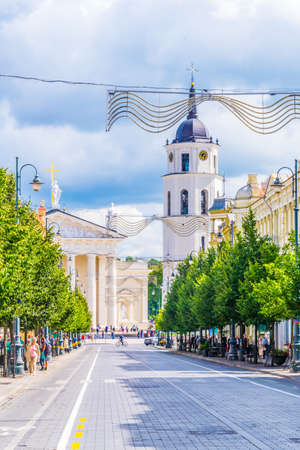 VILNIUS, LITHUANIA, AUGUST 14, 2016: Gedimino prospektas (Gediminas Avenue) street with the cathedral at the end in Vilnius, Lithuaniaのeditorial素材