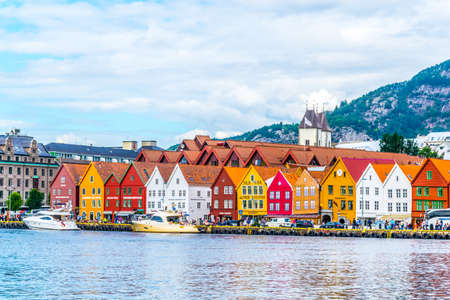 BERGEN, NORWAY, AUGUST 22, 2016: View of a historical wooden district Bryggen in the norwegian city Bergen.のeditorial素材