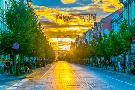 VILNIUS, LITHUANIA, AUGUST 14, 2016: Sunset view of the Gedimino prospektas (Gediminas Avenue) which is the main street in Vilnius, Lithuaniaのeditorial素材