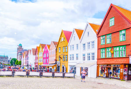 BERGEN, NORWAY, AUGUST 22, 2016: View of a historical wooden district Bryggen in the norwegian city Bergen.のeditorial素材