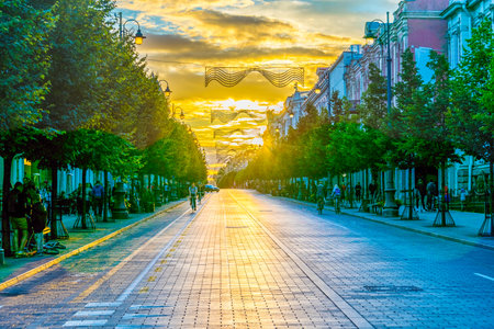 VILNIUS, LITHUANIA, AUGUST 14, 2016: Sunset view of the Gedimino prospektas (Gediminas Avenue) which is the main street in Vilnius, Lithuaniaのeditorial素材