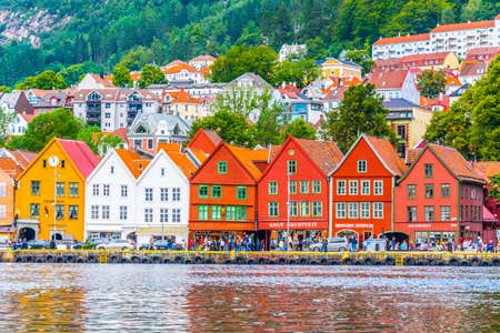 BERGEN, NORWAY, AUGUST 22, 2016: View of a historical wooden district Bryggen in the norwegian city Bergen.のeditorial素材