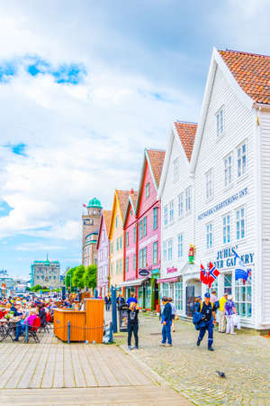 BERGEN, NORWAY, AUGUST 22, 2016: View of a historical wooden district Bryggen in the norwegian city Bergen.のeditorial素材