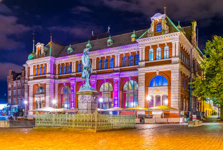BERGEN, NORWAY, AUGUST 22, 2016: night view of the statue to Baron Ludvig Holberg in Bergen, Norway.のeditorial素材