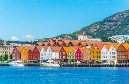 BERGEN, NORWAY, AUGUST 22, 2016: View of a historical wooden district Bryggen in the norwegian city Bergen.のeditorial素材