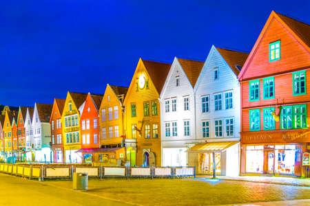 BERGEN, NORWAY, AUGUST 22, 2016: Night view of a historical wooden district Bryggen in the norwegian city Bergen.のeditorial素材