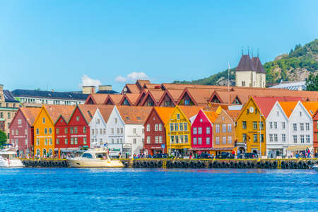 BERGEN, NORWAY, AUGUST 22, 2016: View of a historical wooden district Bryggen in the norwegian city Bergen.のeditorial素材