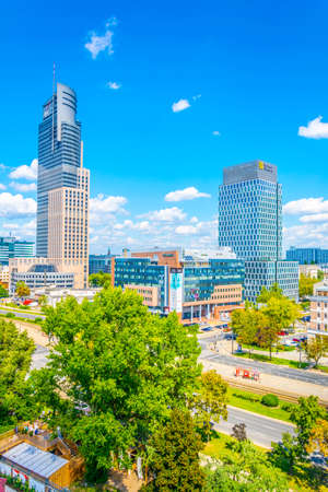 WARSAW, POLAND, AUGUST 12, 2016: Aerial view of a business center in the polish capital warsaw.のeditorial素材