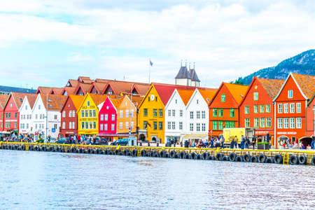 BERGEN, NORWAY, AUGUST 22, 2016: View of a historical wooden district Bryggen in the norwegian city Bergen.のeditorial素材