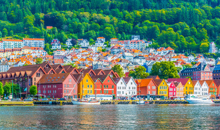 BERGEN, NORWAY, AUGUST 22, 2016: View of a historical wooden district Bryggen in the norwegian city Bergen.のeditorial素材
